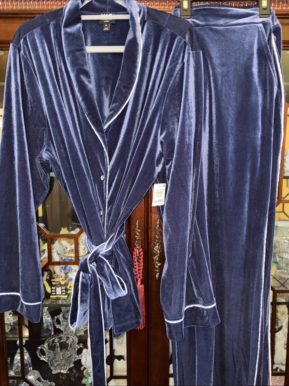 INC International Concepts Navy Velvet Pajama Set with Tie Waist